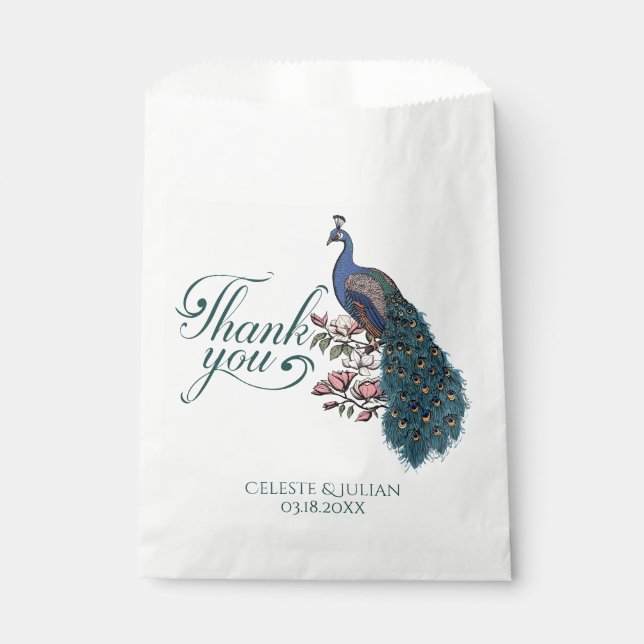 Rustic Teal Peacock Thank You Favour Bag (Front)