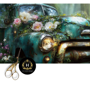 Rustic Teal Rose Truck Decoupage Tissue Paper