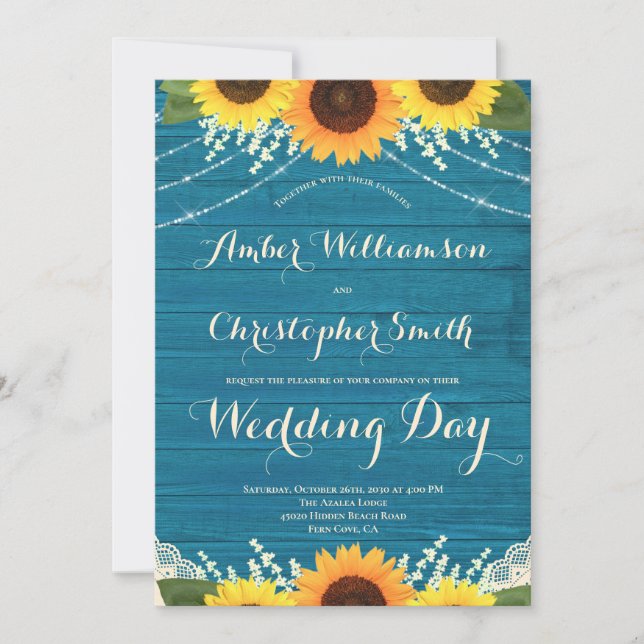Rustic Teal String Lights Lace Sunflower Wedding Invitation (Front)