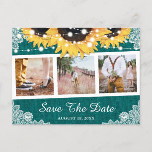 Rustic Teal Sunflower Photo Save The Date Announcement Postcard