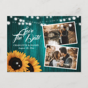 Rustic Teal Sunflower Save The Date Photo Announcement Postcard