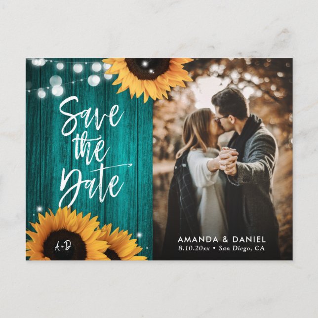 Rustic Teal Sunflower Save The Date Photo Postcard (Front)