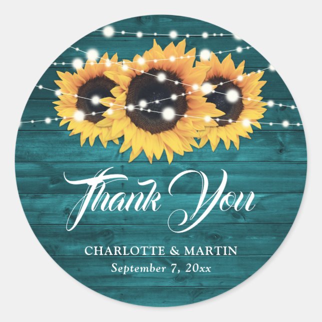 Rustic Teal Sunflower Thank You Wedding Favor Classic Round Sticker (Front)