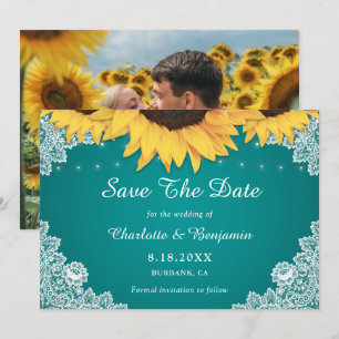 Rustic Teal Sunflower Wedding Photo Save The Date