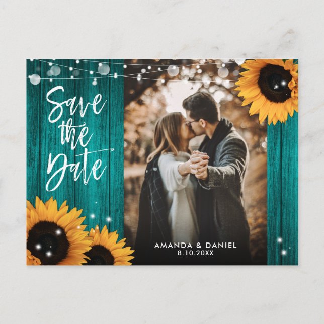 Rustic Teal Sunflower Wedding Photo Save The Date Announcement Postcard (Front)