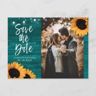 Rustic Teal Sunflower Wedding Photo Save The Date Postcard