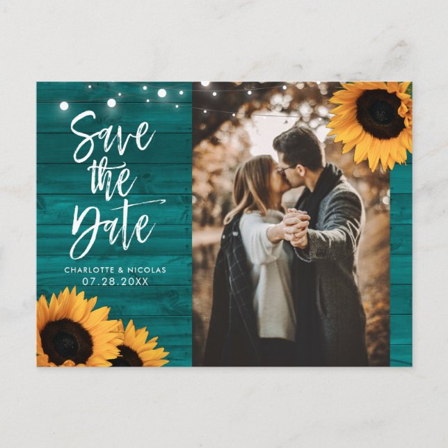Rustic Teal Sunflower Wedding Photo Save The Date Postcard (Front)