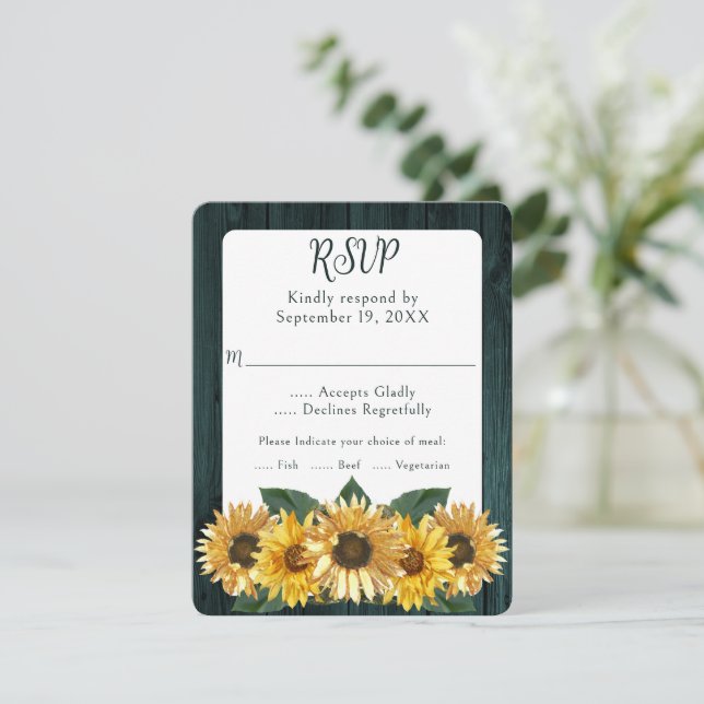 Rustic Teal Sunflower Wedding RSVP Card (Standing Front)