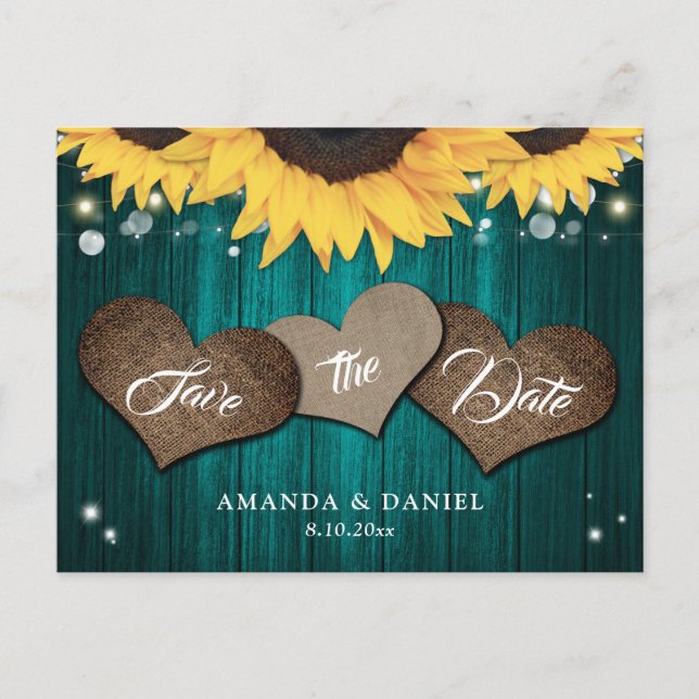 Rustic Teal Sunflower Wedding Save The Date Announcement Postcard (Front)