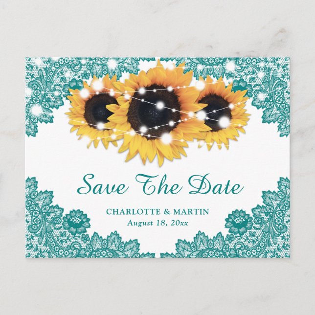 Rustic Teal Sunflower Wedding Save The Date Announcement Postcard (Front)