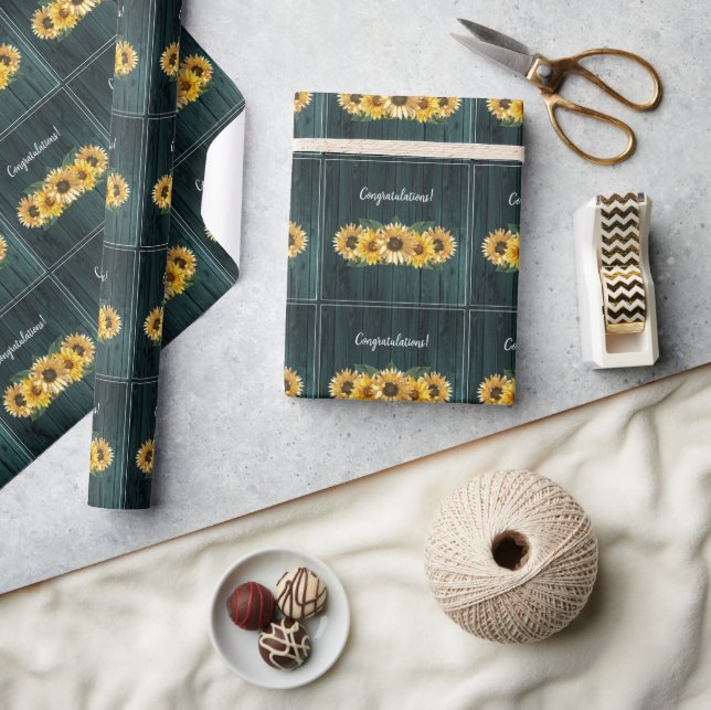 Rustic Teal Sunflower Wedding Wrapping Paper (Crafts)