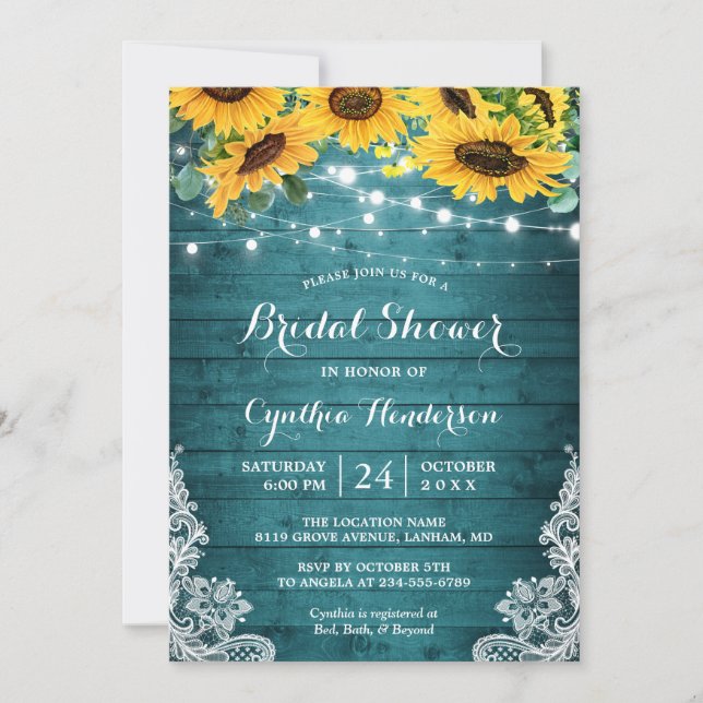 Rustic Teal Sunflowers String Lights Bridal Shower Invitation (Front)