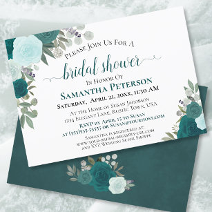 Rustic Teal Watercolor Floral Chic Bridal Shower Invitation