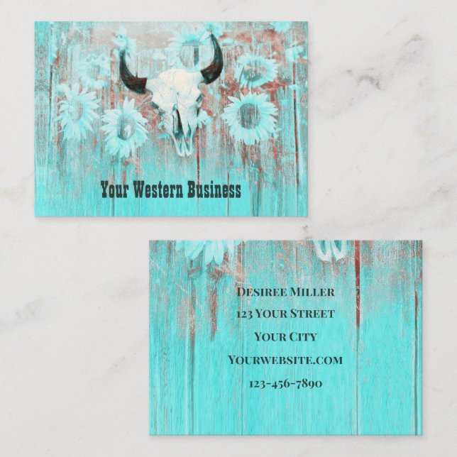 Rustic Teal Western Bull Skull Sunflowers On Wood Business Card (Front/Back)