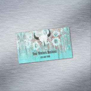 Rustic Teal Western Bull Skull Sunflowers On Wood Magnetic Business Card