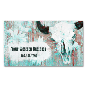 Rustic Teal Western Bull Skull Sunflowers On Wood Magnetic Business Card