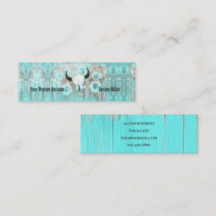 Rustic Teal Western Bull Skull Sunflowers On Wood Mini Business Card