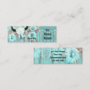 Rustic Teal Western Bull Skull Sunflowers On Wood Mini Business Card