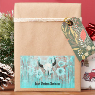 Rustic Teal Western Bull Skull Sunflowers On Wood Sticker