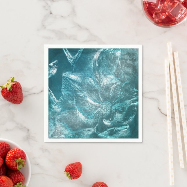  Rustic Teal White Floral Pattern Glitter Sparkle  Napkin (Insitu)