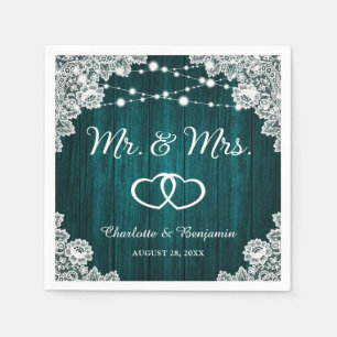 Rustic Teal Wod Lace String Lights Wedding Napkin