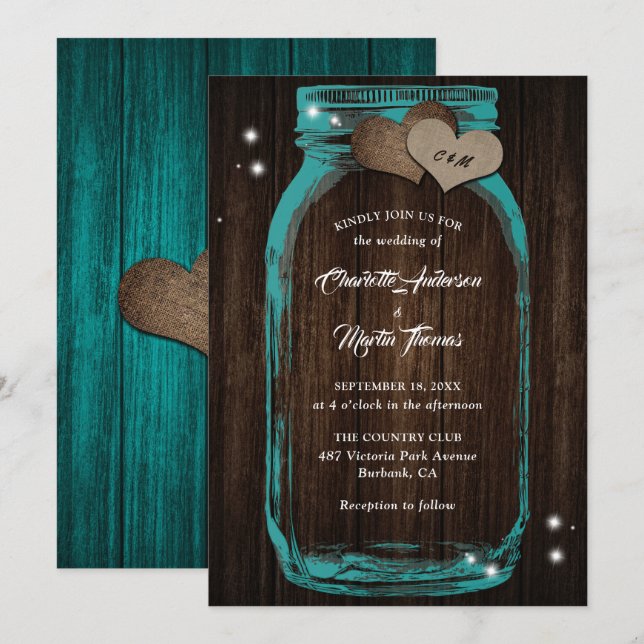 Rustic Teal Wood Burlap Heart Mason Jar Wedding Invitation (Front/Back)