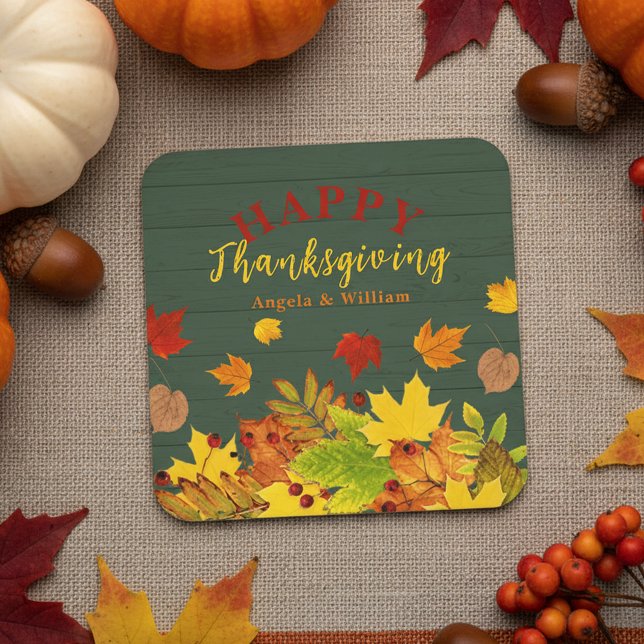 Rustic Teal Wood Fall Leaves Thanksgiving Dinner Square Paper Coaster (Creator Uploaded)