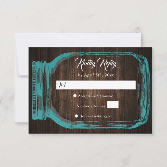Rustic Teal Wood Hearts Mason Jar Wedding RSVP (Front)