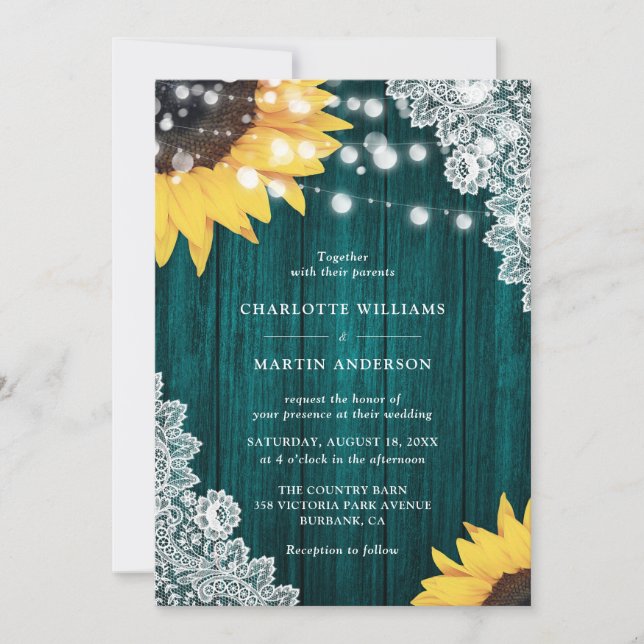 Rustic Teal Wood Lace Sunflower Wedding Invitation (Front)