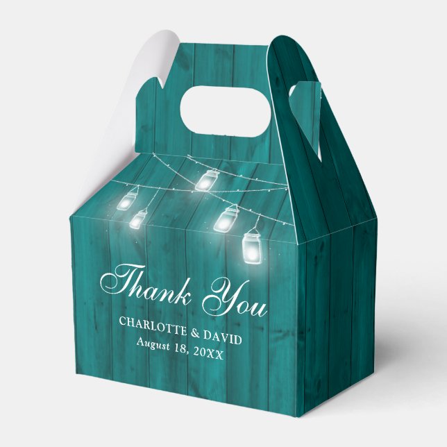 Rustic Teal Wood Mason Jars Wedding Thank You Favor Box (Front Side)