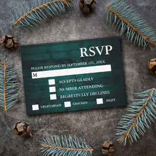 Rustic Teal Wood String Lights RSVP & Meal Card