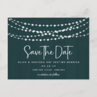 Rustic Teal Wood String Lights Save the Date 