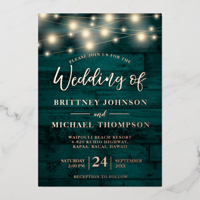 Rustic Teal Wood String Lights Wedding (Front)