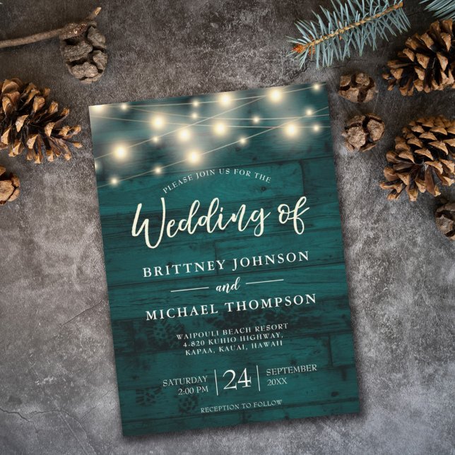 Rustic Teal Wood String Lights Wedding Invitation (Creator Uploaded)