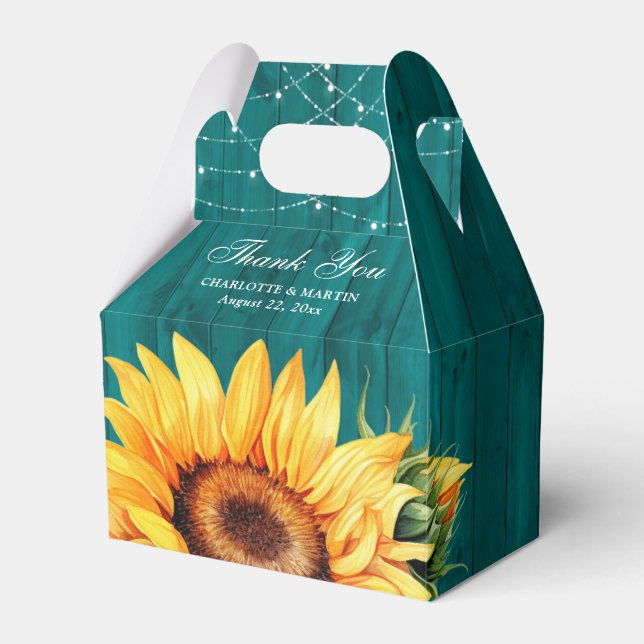 Rustic Teal Wood Sunflower Floral Monogram Favor Box (Front Side)