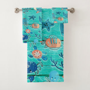 Rustic Teal Wood & Under the Sea Friends Whimsical Bath Towel Set
