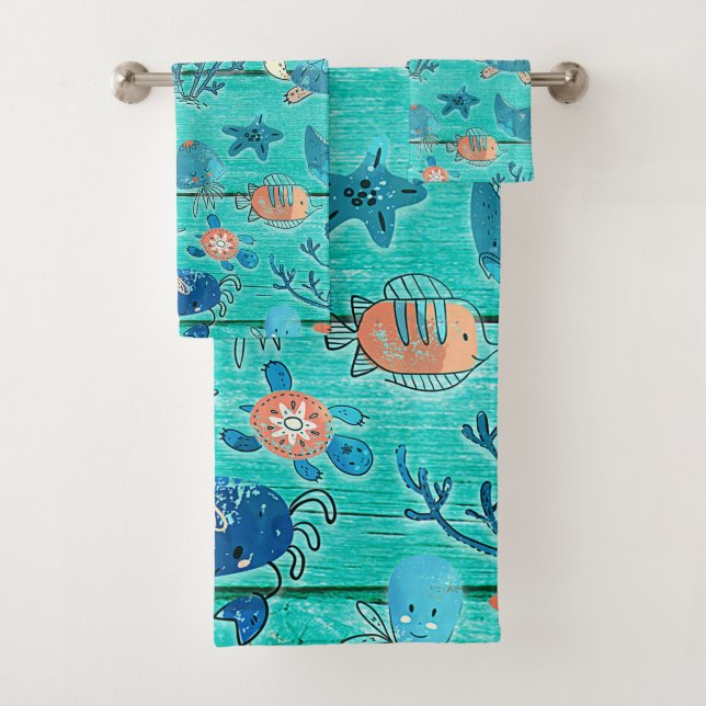 Rustic Teal Wood & Under the Sea Friends Whimsical Bath Towel Set (Insitu)