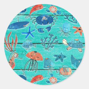 Rustic Teal Wood & Under the Sea Friends Whimsical Classic Round Sticker