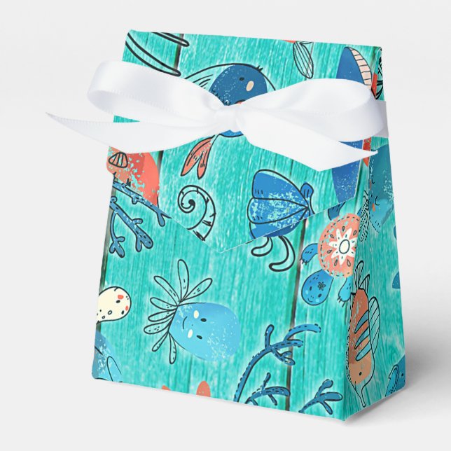 Rustic Teal Wood & Under the Sea Friends Whimsical Favor Box (Front Side)
