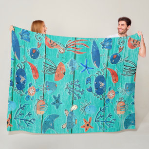 Rustic Teal Wood & Under the Sea Friends Whimsical Fleece Blanket