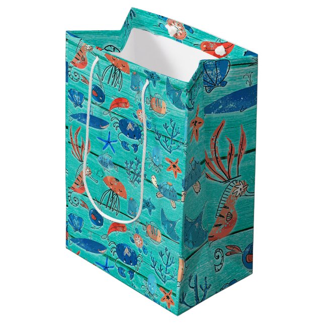 Rustic Teal Wood & Under the Sea Friends Whimsical Medium Gift Bag (Front Angled)