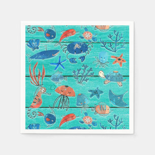 Rustic Teal Wood & Under the Sea Friends Whimsical Napkin