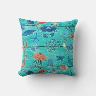 Rustic Teal Wood & Under the Sea Friends Whimsical Throw Pillow