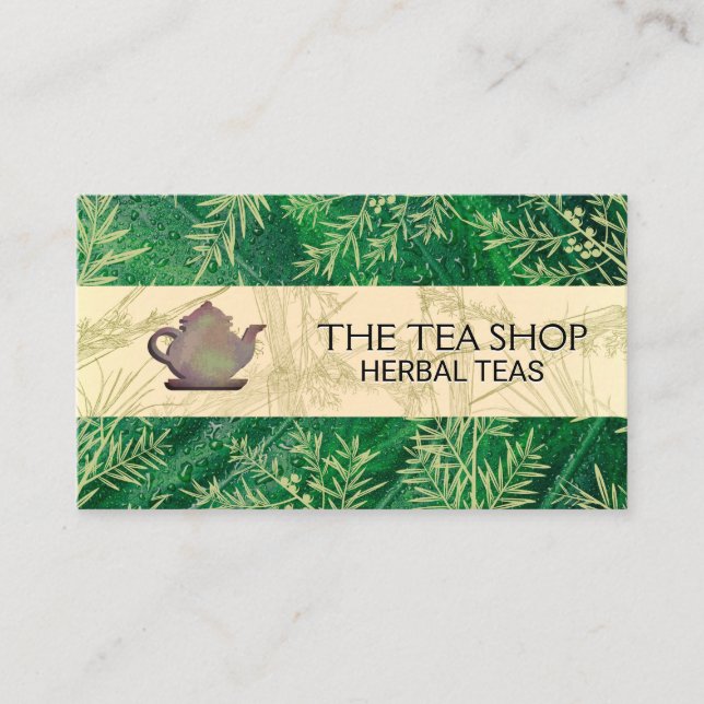 Rustic Teapot | Leaf | Juniper Herbal Branches Business Card (Front)
