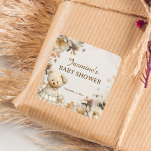 Rustic Teddy Bear Floral Baby Shower Stickers