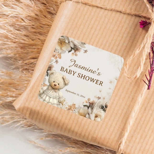 Rustic Teddy Bear Floral Baby Shower Stickers (Creator Uploaded)