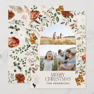 Rustic terracotta 3 photo botanical elegant arch holiday card