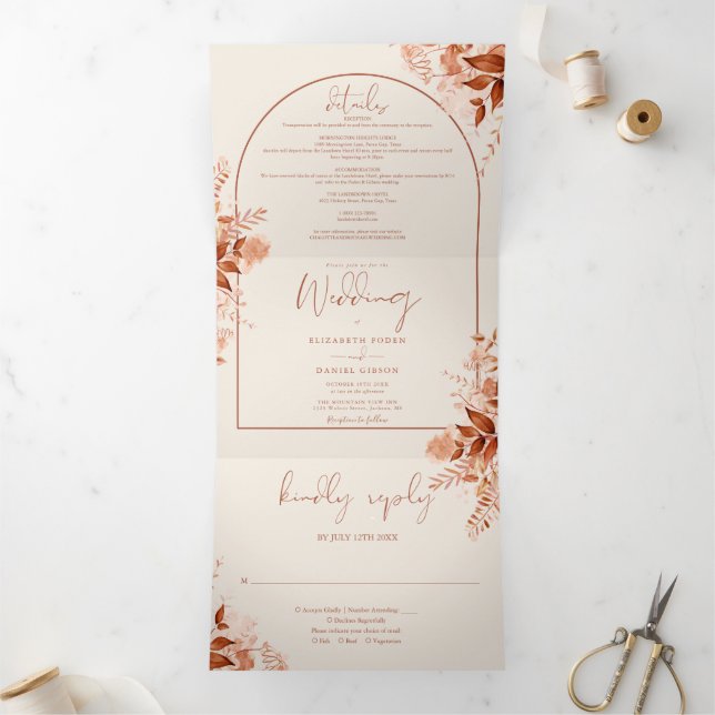 Rustic Terracotta Arch Photo Autumn Fall Wedding Tri-Fold Invitation (Inside)