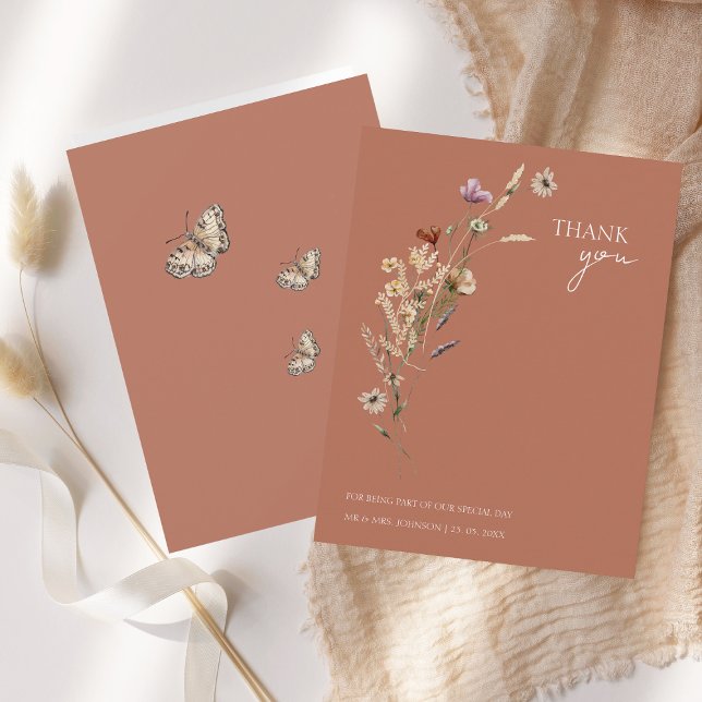 Rustic Terracotta Autumn Fall Wildflowers Wedding Thank You Card (Creator Uploaded)