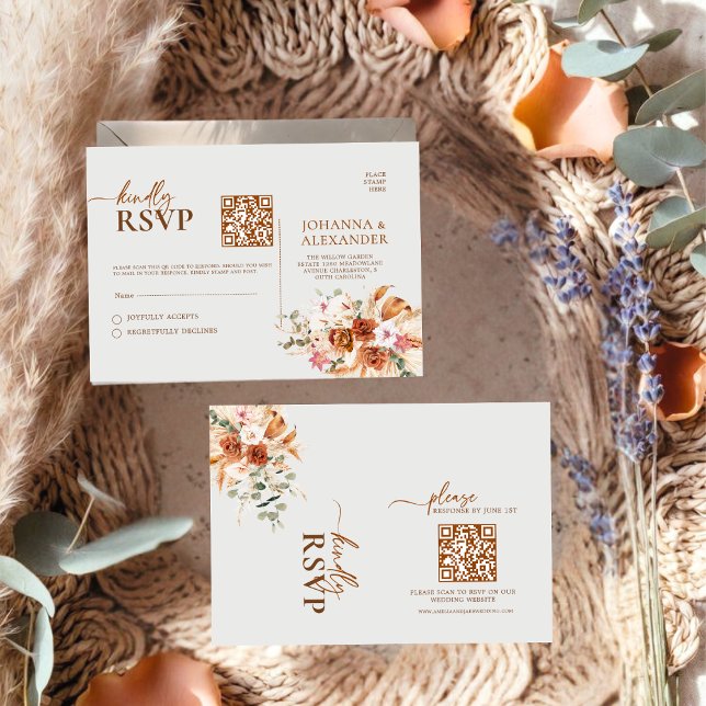 Rustic Terracotta & Blush Floral QR Code RSVP Card (Creator Uploaded)